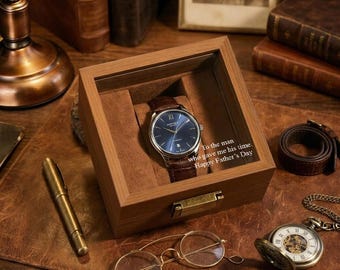 Personalized Wood Watch Box for Dad, Custom Engraved Glass Jewelry Case, Father's Day Gift, Mens Anniversary Gift, Heritage Watch Organizer