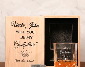Be My Godfather - Proposal Box with Custom Whiskey Glass, Engraved Gift Set, Padrino Gift, Personalized Whiskey Decanter, Etched Whiskey Set