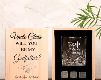 Be My Godfather - Proposal Box with Custom Whiskey Glass, Engraved Gift Set, Padrino Gift, Personalized Whiskey Decanter, Etched Whiskey Set