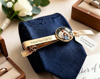 Personalized Photo Tie Clip - Custom Engraved Tie Bar, Father of the Bride Gift, Wedding Day Keepsake for Dad Groom Husband