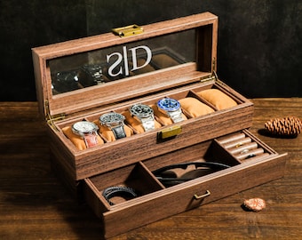 TWO Layers 6 Slot Personalized Men's Watch Box |with Drawer Watch Display Case for 6Watches,Custom Watch Storage Case, Watch Box for Mens