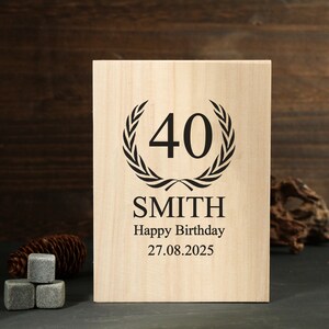 May include: A light-colored wooden plaque with the number 40 inside a laurel wreath. The name "SMITH", "Happy Birthday", and the date "27.08.2025" are printed below. The plaque is a birthday gift.