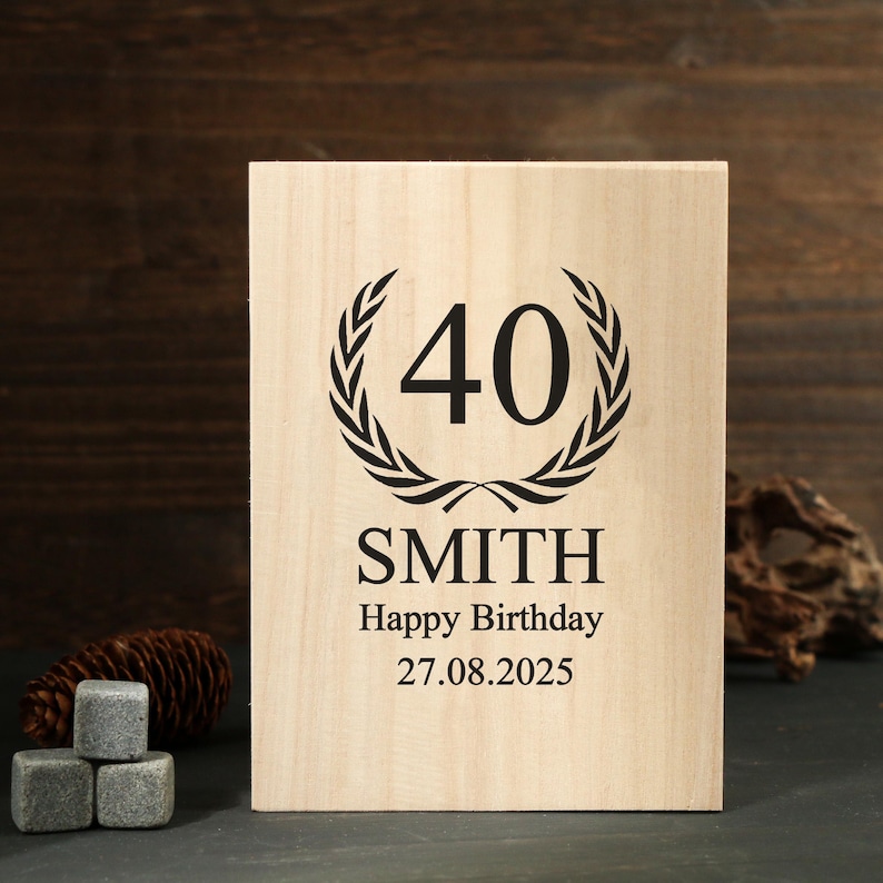 May include: A light-colored wooden plaque with the number 40 inside a laurel wreath. The name "SMITH", "Happy Birthday", and the date "27.08.2025" are printed below. The plaque is a birthday gift.