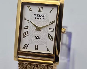 Vintage Seiko Quartz Tank Watch | Gold Roman Numeral Mesh Dress Watch