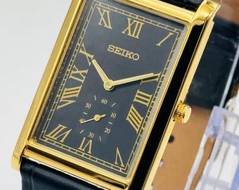 Vintage Seiko Tank Watch | Gold, Black Roman Numeral Dial, Leather Strap