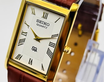 Vintage Seiko Tank Watch – White Roman Dial, Gold Case