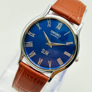 Vintage Seiko Slim Tank Quartz Analog Wrist Watch- Round watch, gift for him, gift for dad,Men&#39;s quartz wrist watch- blue watch