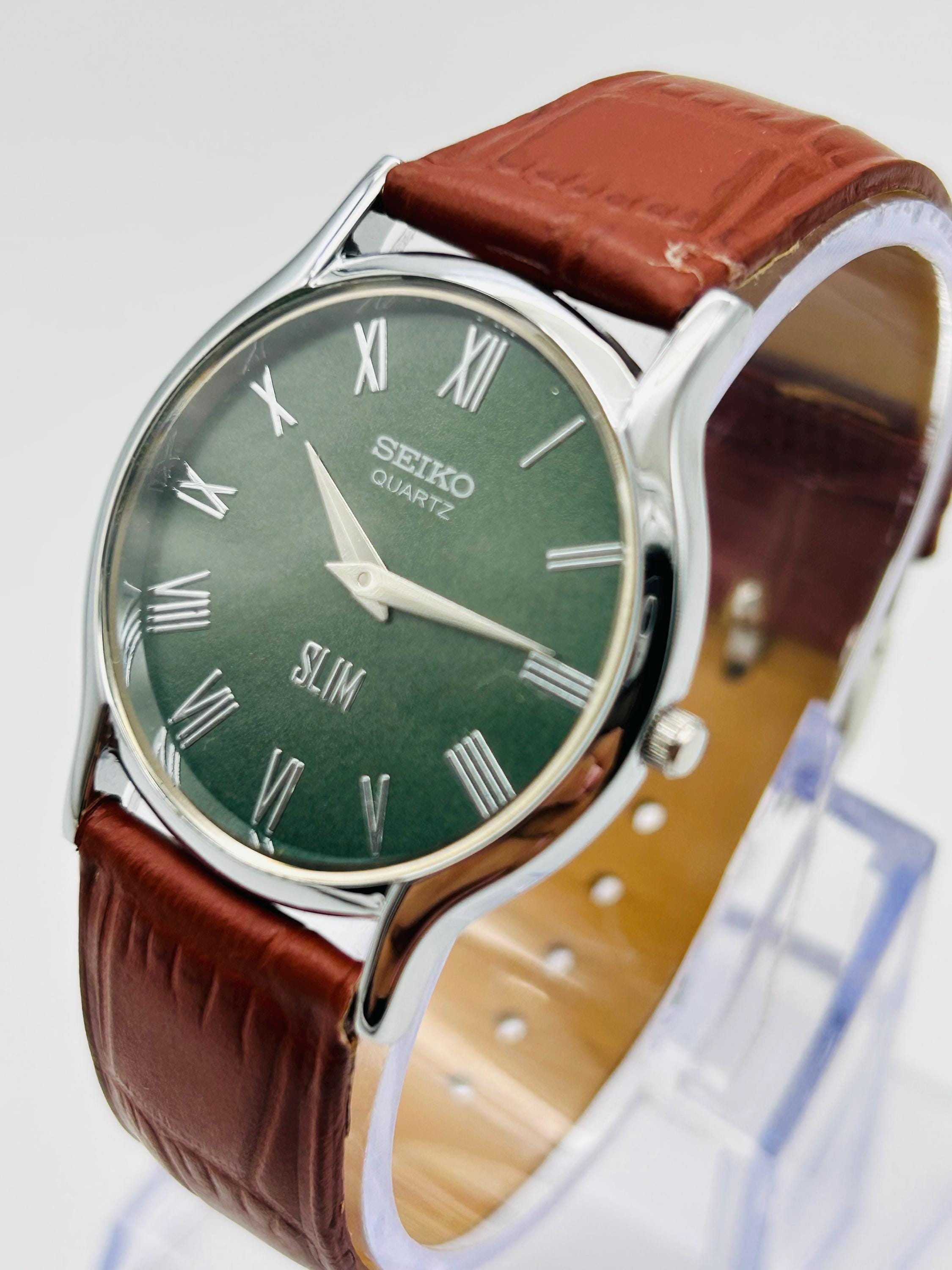 Vintage Seiko Slim Tank Quartz Men's Wrist Watch- Round watch, gift for him, gift for dad, Men's quartz wrist watch- Green Wrist Watch