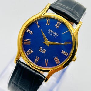 Vintage Seiko Slim Tank Quartz Men&#39;s Wrist Watch-Gold Plated-Round watch, gift for him, gift for dad, Men&#39;s quartz-wrist watch-Blue Watch