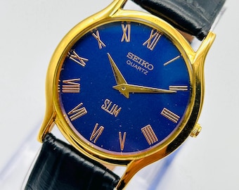 Vintage Seiko Slim Tank Quartz Men&#39;s Wrist Watch-Gold Plated-Round watch, gift for him, gift for dad, Men&#39;s quartz-wrist watch-Blue Watch