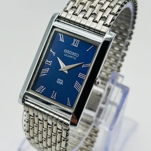 Vintage Seiko Slim Tank Quartz Watch – Blue Dial,Stainless Steel Bracelet, Unisex Dress Watch, Minimalist Japanese Timepiece, Rare 90s Retro