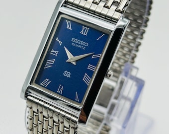 Vintage Seiko Slim Tank Quartz Watch – Blue Dial,Stainless Steel Bracelet, Unisex Dress Watch, Minimalist Japanese Timepiece, Rare 90s Retro