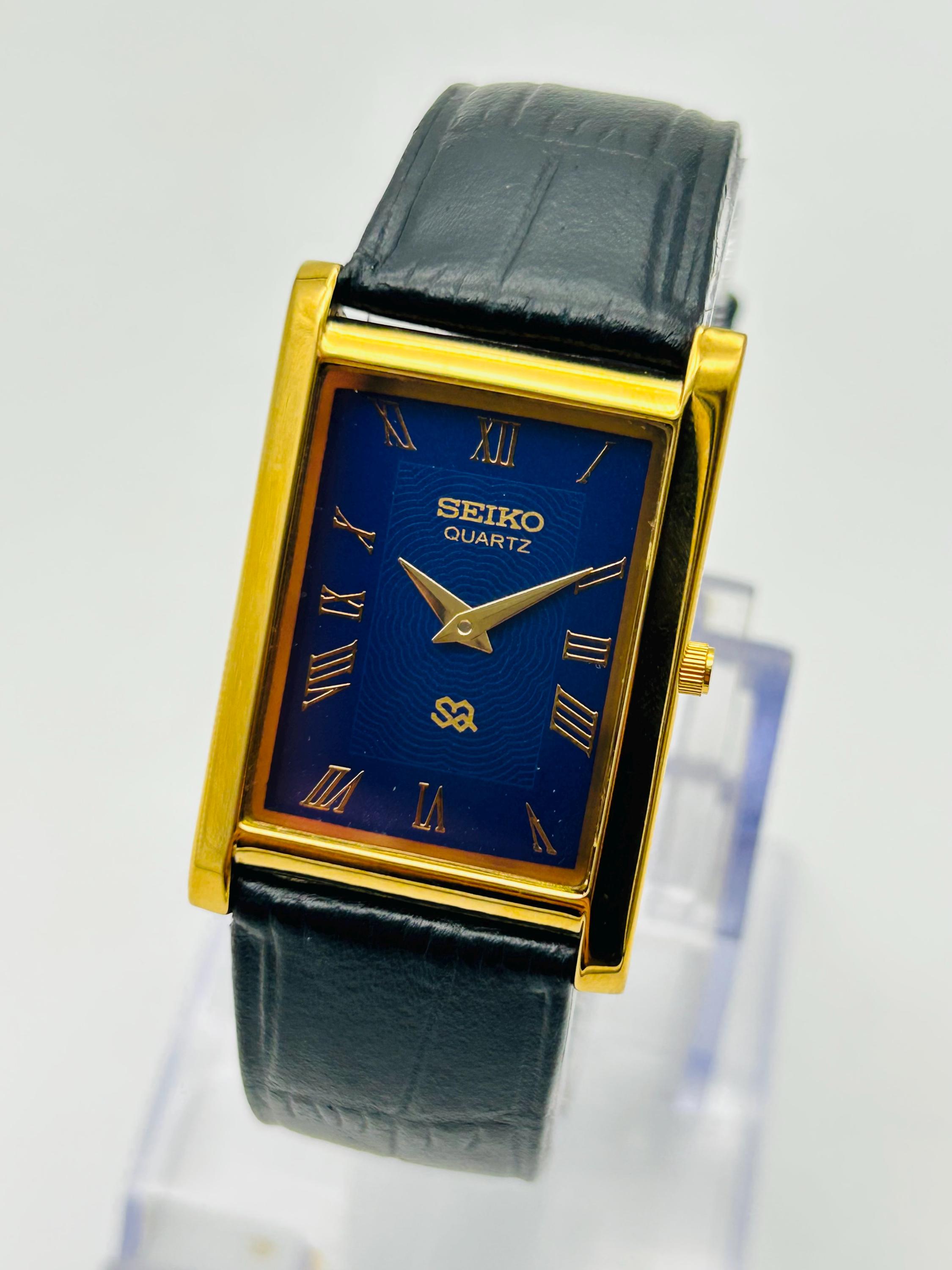 Vintage Seiko Gold-tone Tank Watch – Blue Roman Dial, Leather