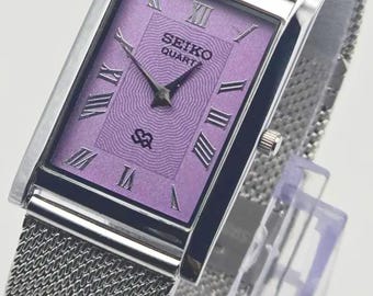 Vintage Seiko Tank Watch | Purple Roman Dial, Stainless Steel Dress Watch
