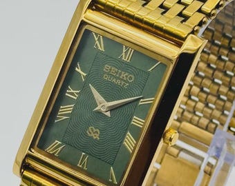 Vintage Seiko Quartz Tank Watch – Gold Plated, Green Roman Dial
