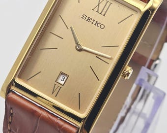 Vintage Seiko Slim Tank Quartz Men's Wrist Watch, Rectangle Watch-Brown & Golden Watch.