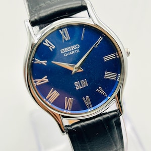 Refurbished Seiko Slim Tank Quartz Men&#39;s Wrist Watch- Round watch, gift for him, gift for dad, Men&#39;s quartz wrist watch-Blue Wrist Watch
