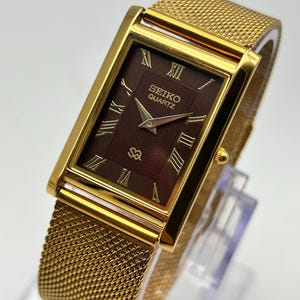 Vintage Seiko Quartz Tank Watch | Gold Rectangular Case | Brown Roman Dial | Minimalist Dress Watch