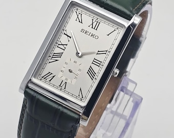 Vintage Seiko Slim Tank Quartz Men's Wrist Watch, Rectangle Watch-Green & White Watch