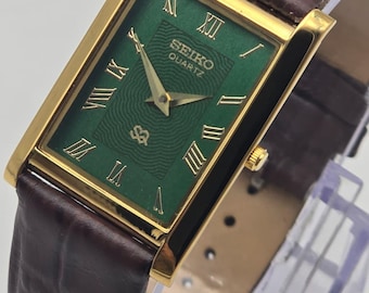 Vintage Seiko Slim Quartz Tank Watch: Gold Plated Rectangular Case, Green Roman Numeral Dial