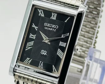 Vintage Seiko Tank Watch | Black Roman Numeral Dial, Stainless Steel