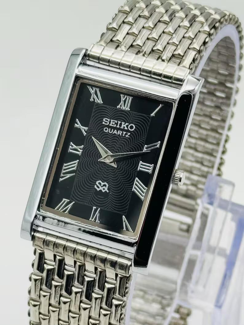 Vintage Seiko Tank Watch | Black Roman Numeral Dial, Stainless