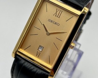 Vintage Seiko Tank Watch | Gold, Champagne Dial, Black Leather Strap