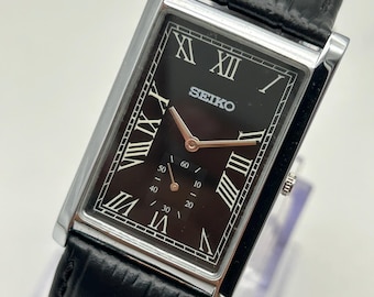 Vintage Seiko Tank Watch | Black Roman Numeral Dial, Leather Strap