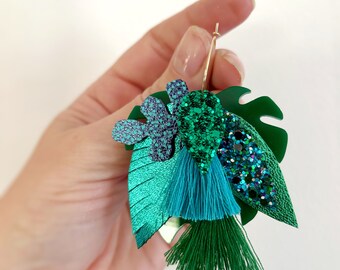 Green Layered Boho Statement Monstera Earrings