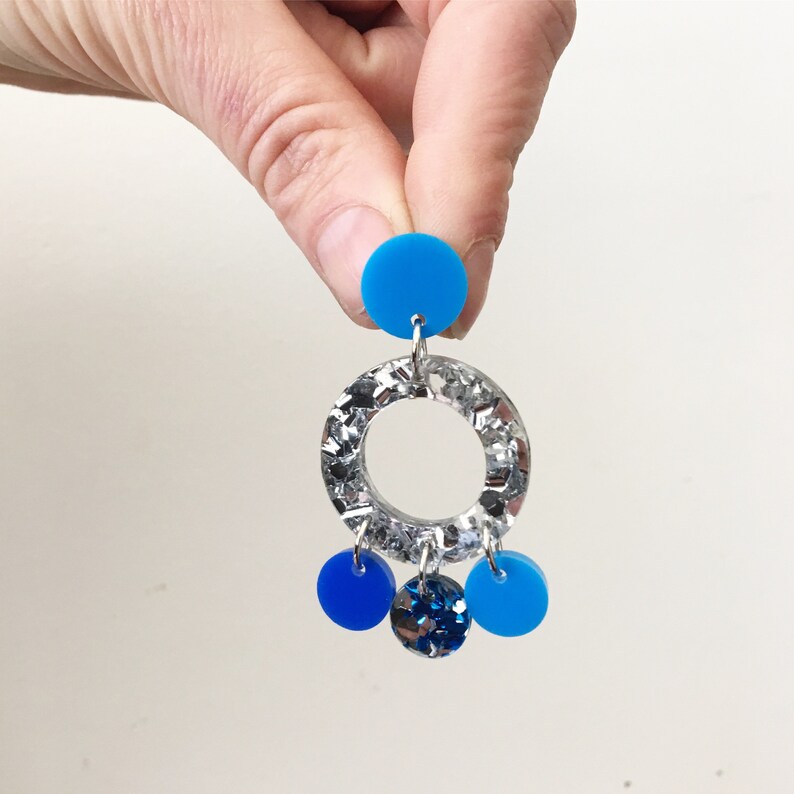 Blue Silver Glitter Boho Gypsy Tassel Acrylic Statement Colourful Earrings Laser Cut by Oscar and Matilda