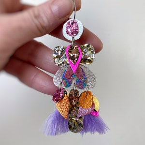 Handmade Pink & Lilac Boho Glitter Statement Earrings. Australian Design By Artist Zoe T of Oscar and Matilda image 3