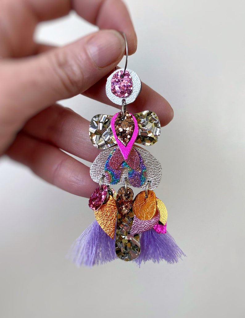 Handmade Pink & Lilac Boho Glitter Statement Earrings. Australian Design By Artist Zoe T of Oscar and Matilda image 3