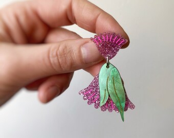 Gumnut Australian Blossom Stud Earrings Blush Pink Glitter Gumnut Leaf Earrings by Oscar and Matilda.