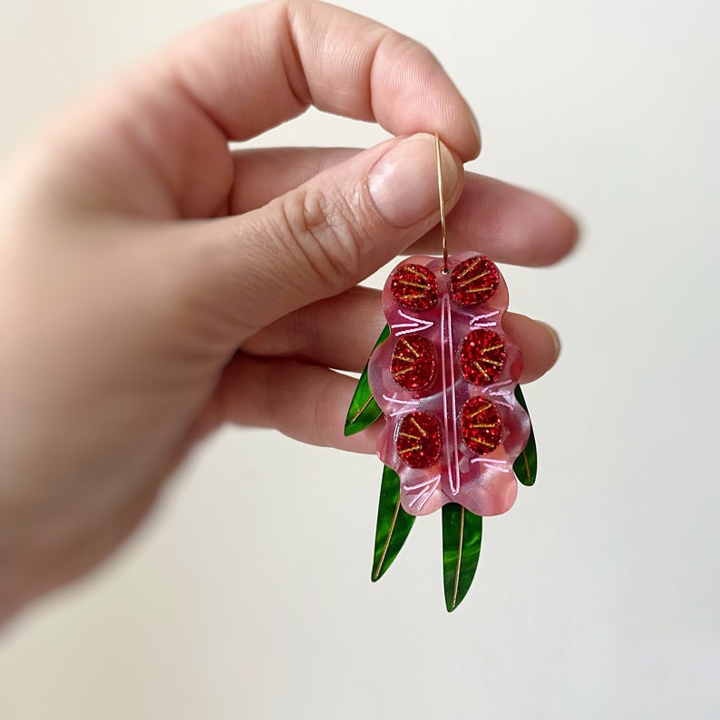 Red and Pink Australian Bottlebrush Native Flower Statement Earring by Oscar & Matilda image 6