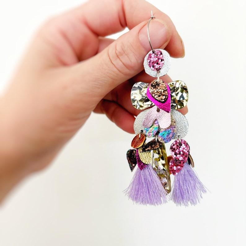 Handmade Pink & Lilac Boho Glitter Statement Earrings. Australian Design By Artist Zoe T of Oscar and Matilda image 4