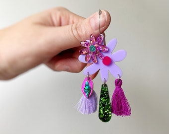 Womens Flower Earrings Lilac Pink Statement Earrings Floral Hoops Earrings by Oscar and Matilda