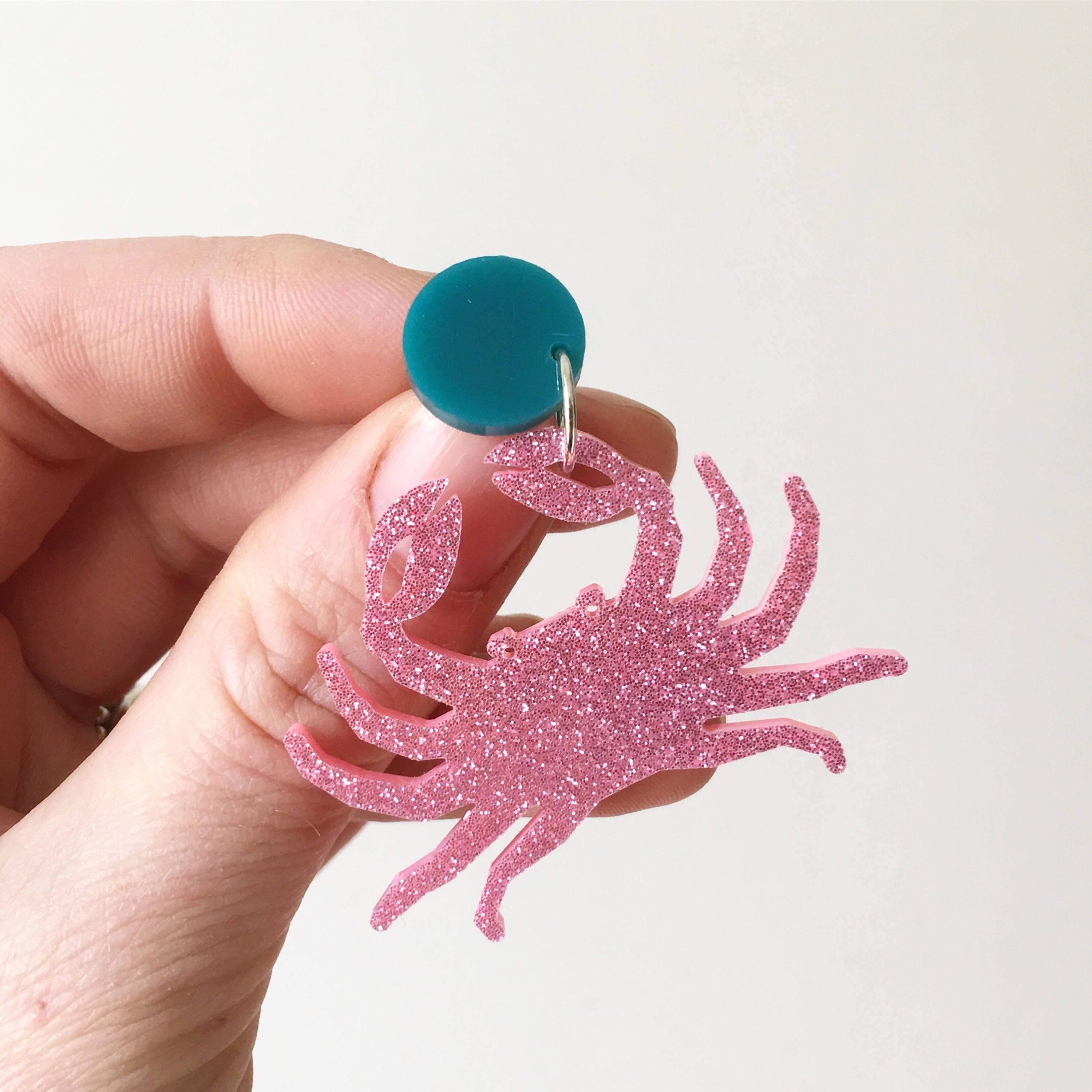 Pink Glitter Crabs Acrylic Earrings Laser Cut Stud Earring Etsy
