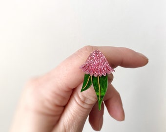 Mini Australian Gum Nut Blossom Pink Stud Earrings Pink Glitter Gumnut Leaf Earrings by Oscar and Matilda.
