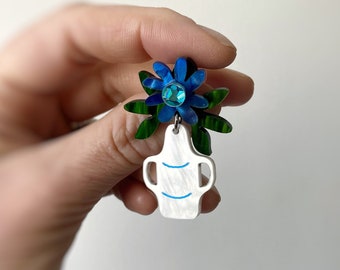 Handmade Statement Acrylic Earrings - Blue Flower & Vase Earrings By Oscar and Matilda