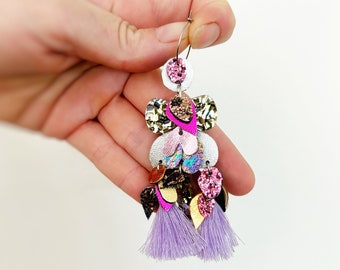 Handmade Pink & Lilac Boho Glitter Statement Earrings. Australian Design By Artist Zoe T of Oscar and Matilda