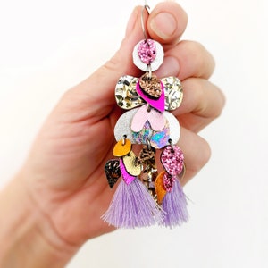 Handmade Pink & Lilac Boho Glitter Statement Earrings. Australian Design By Artist Zoe T of Oscar and Matilda image 6