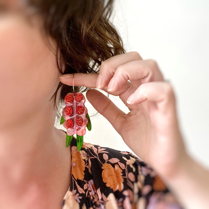 Red and Pink Australian Bottlebrush Native Flower Statement Earring by Oscar & Matilda image 2