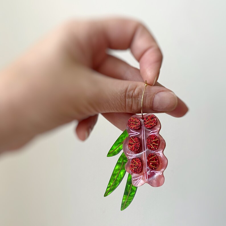 Red and Pink Australian Bottlebrush Native Flower Statement Earring by Oscar & Matilda image 3