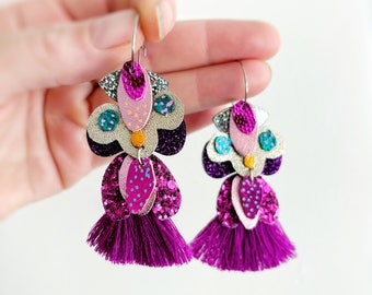 Boho Statement Earrings in Magenta Pink and Baby Pink Highlights and Metallic Glitter Leathers and Tassels - Handmade by Oscar & Matilda