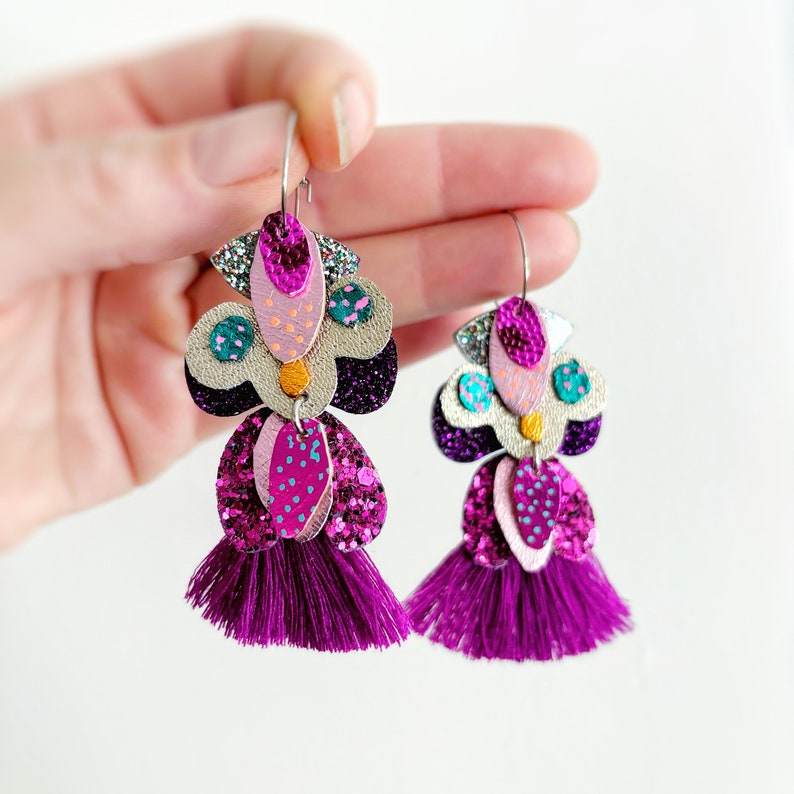 Boho Statement Earrings in Magenta Pink and Baby Pink Highlights and Metallic Glitter Leathers and Tassels Handmade by Oscar & Matilda image 1