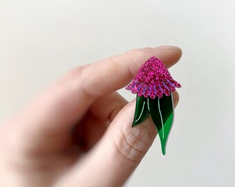 Gum Nut Australian Mini Blossom Deep Hot Pink, Bamboo & Transparent Leaf Stud Earrings Gumnut Native Earrings by Oscar and Matilda.