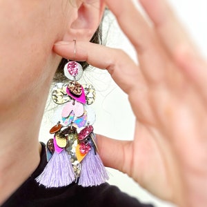 Handmade Pink & Lilac Boho Glitter Statement Earrings. Australian Design By Artist Zoe T of Oscar and Matilda image 2