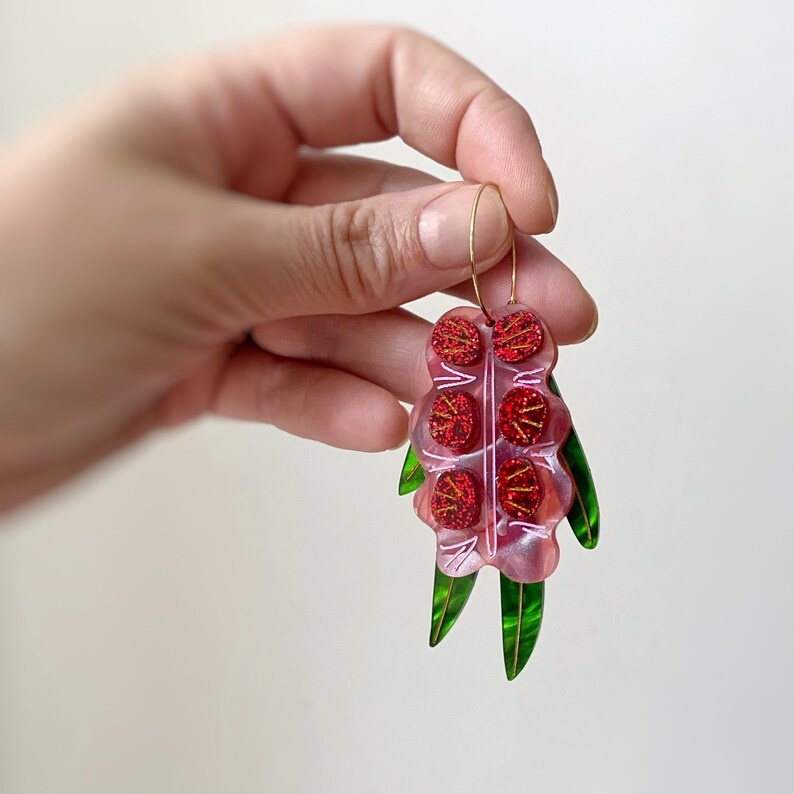 Red and Pink Australian Bottlebrush Native Flower Statement Earring by Oscar & Matilda image 4