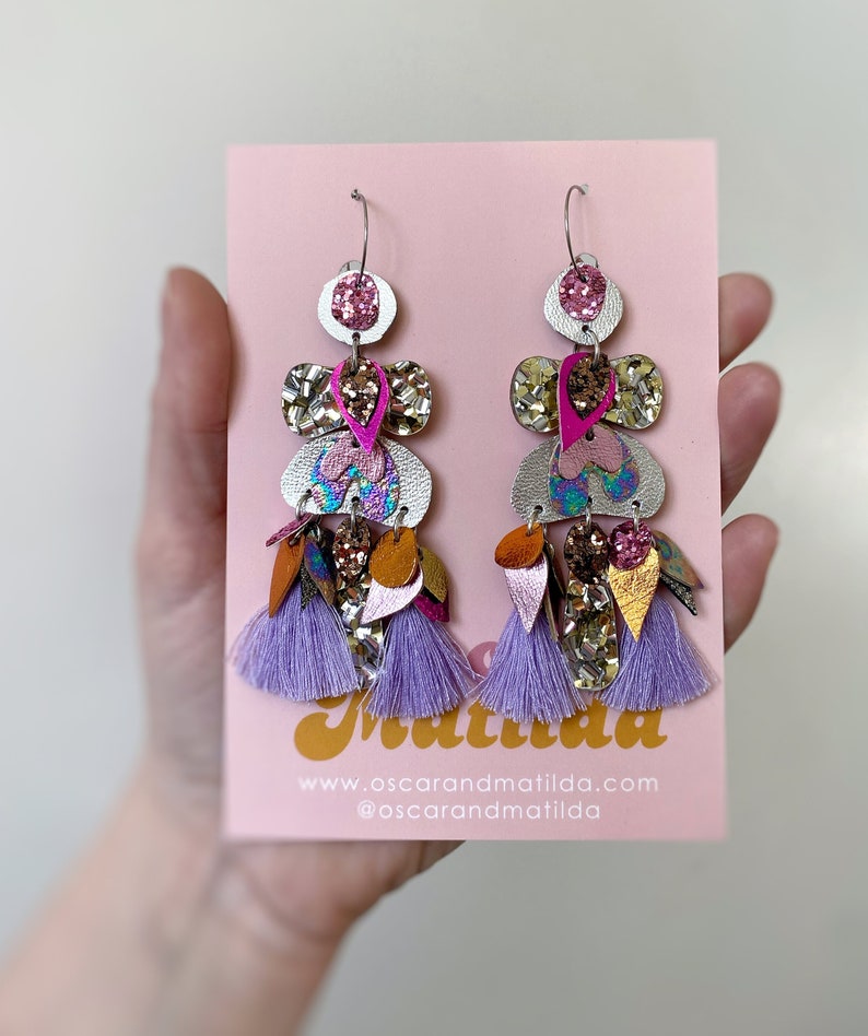 Handmade Pink & Lilac Boho Glitter Statement Earrings. Australian Design By Artist Zoe T of Oscar and Matilda image 5