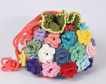 Flower multicolor cotton  crochet handbag with  h 30cm d 25cm